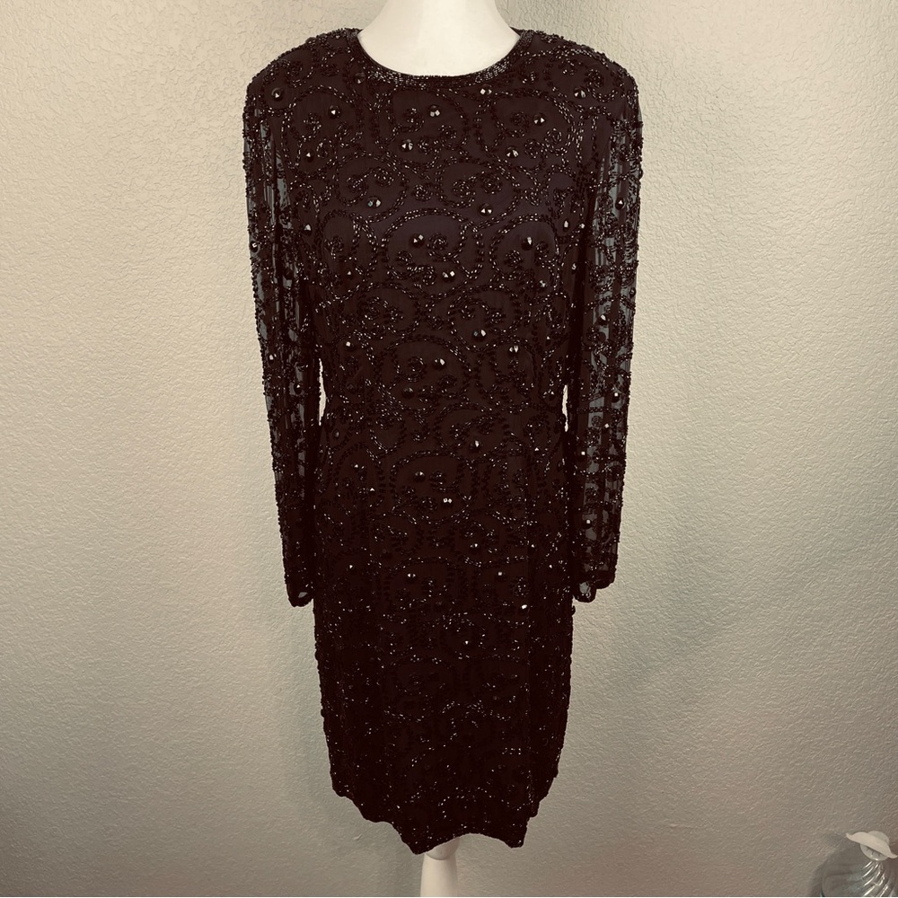 Vintage 90s Joan Leslie Silk Beaded Cocktail Party Dress 12 Black‎ New Years LBD